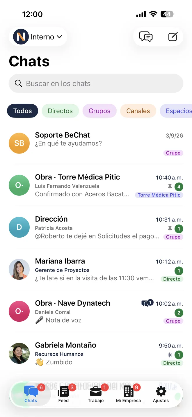 La bandeja de chats de BeChat en modo claro, con el filtro «Todos»: arriba, el grupo de soporte; el grupo de la obra Torre Médica Pitic, fijado y con cuatro sin leer, con el último mensaje de Luis Fernando Valenzuela; Dirección, fijado, con un mensaje de Patricia Acosta; los directos con Mariana Ibarra, gerente de proyectos, y con Gabriela Montaño, de recursos humanos, cada una con su foto y su puesto; y el grupo de la obra Nave Dynatech con una nota de voz de Daniela Corral.