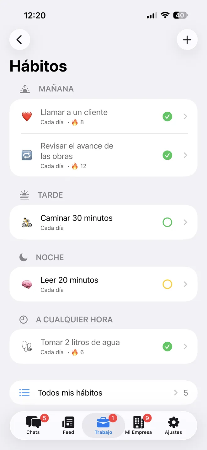 Los hábitos en BeChat por momento del día: en la mañana, llamar a un cliente (racha de 8) y revisar el avance de las obras (racha de 12), los dos hechos; en la tarde, caminar 30 minutos; en la noche, leer 20 minutos; y a cualquier hora, tomar 2 litros de agua (racha de 6), hecho.