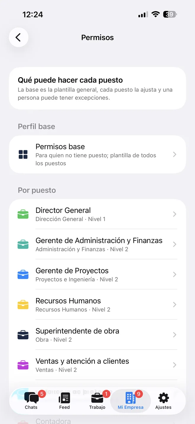 Los permisos en BeChat, «Qué puede hacer cada puesto»: los permisos base, la plantilla de todos los puestos, y la lista por puesto con su área y su nivel: director general, gerente de administración y finanzas, gerente de proyectos, recursos humanos, superintendente de obra y ventas y atención a clientes.