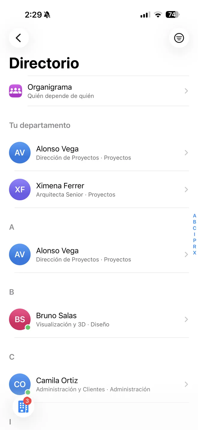 El directorio de BeChat: el acceso al organigrama, las dos personas del departamento propio (Alonso Vega, de dirección de proyectos, y Ximena Ferrer, arquitecta senior) y el resto de la empresa por letra, cada quien con su puesto y su área.