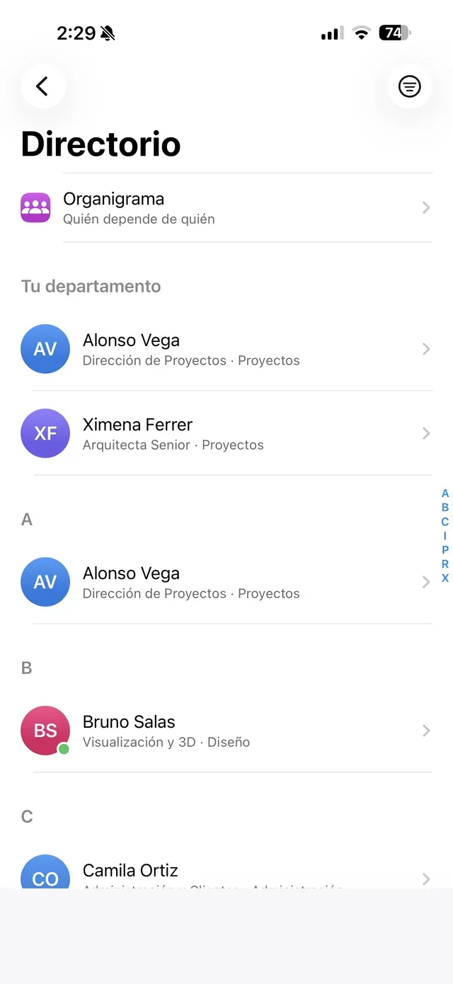 El directorio de BeChat: arriba el acceso al organigrama, luego las dos personas del departamento propio, y debajo el resto de la empresa ordenado por letra, cada quien con su puesto y su área.