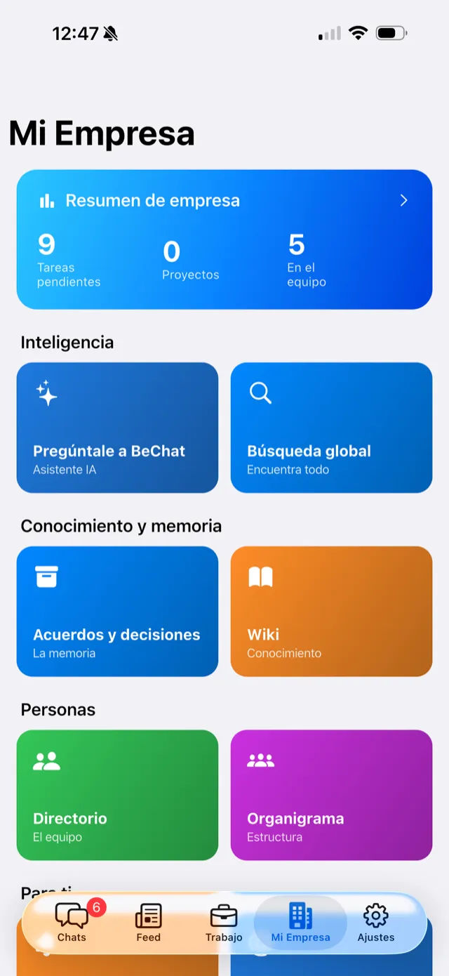 Tu empresa: canales, áreas y pendientes